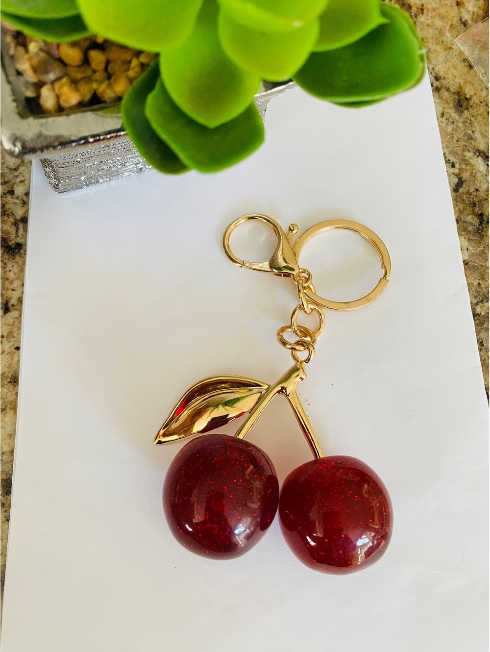 Cherry Shaped Glitter Resin Keychain with Gold Tone Metal